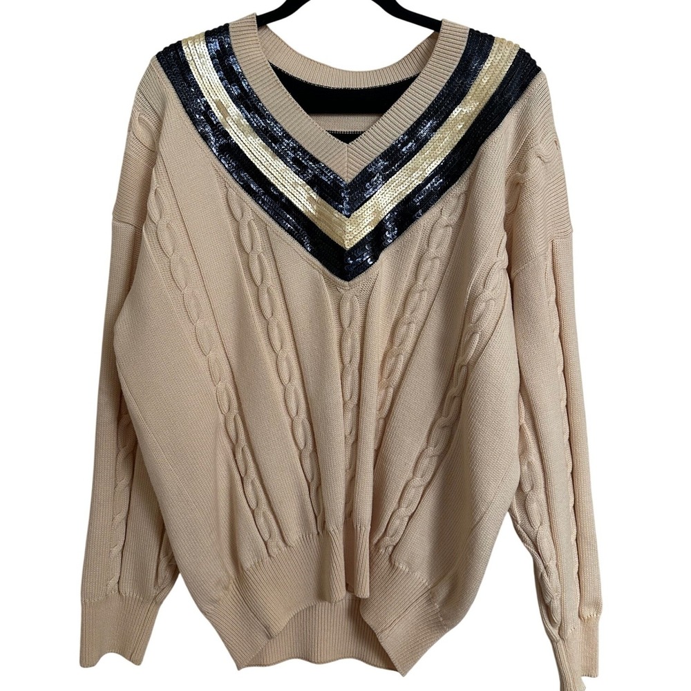 VTG Escada Margaretha Ley 100% Pure New Wool Sequin V-Neck Cable Knit Sweater 38